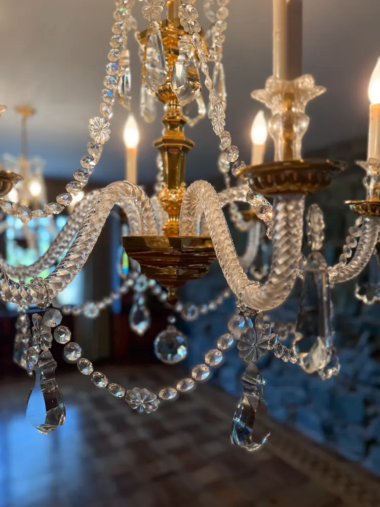 Close view of a crystal chandelier