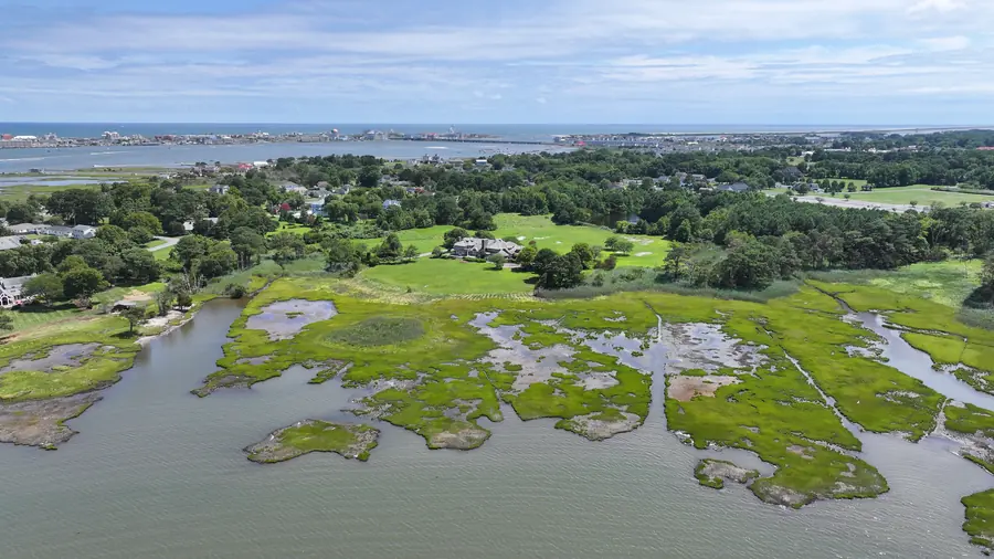 Aerial view of tidal creeks winding through marsh grass along the bay