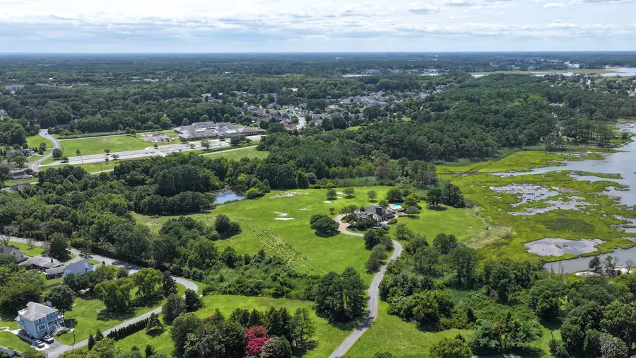 Wide aerial view of the estate's lawns and drive beside the marsh, with woods around it